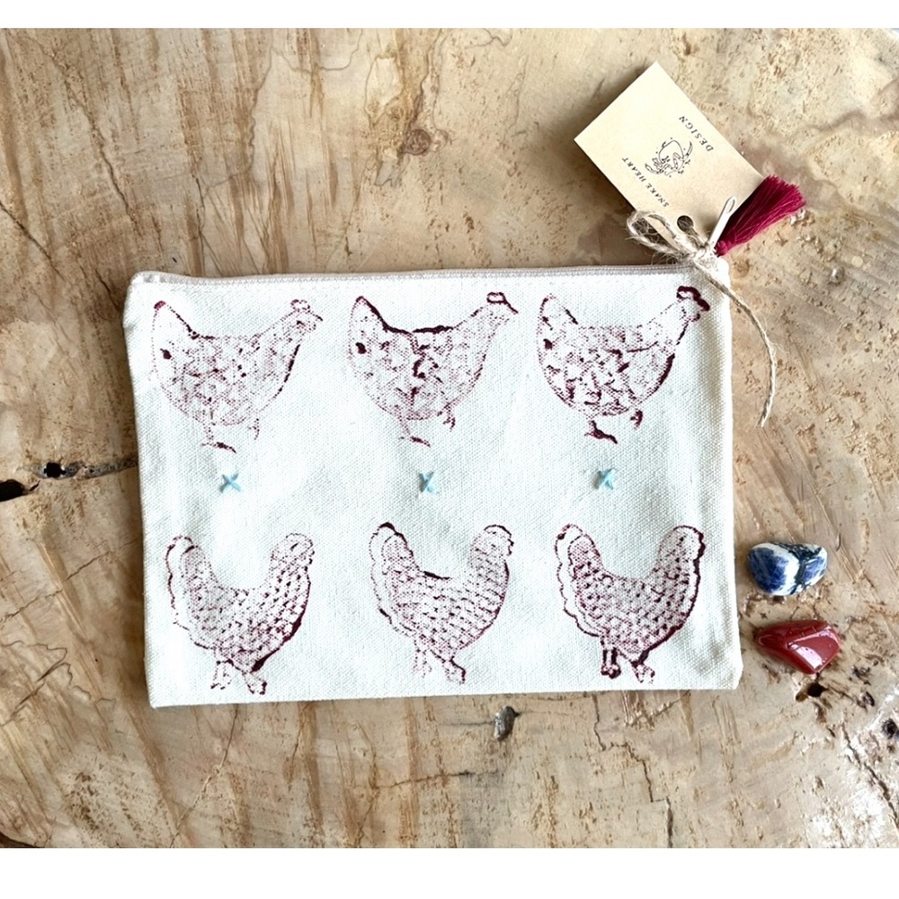 Hand Stamped Chicken Zip Pouch